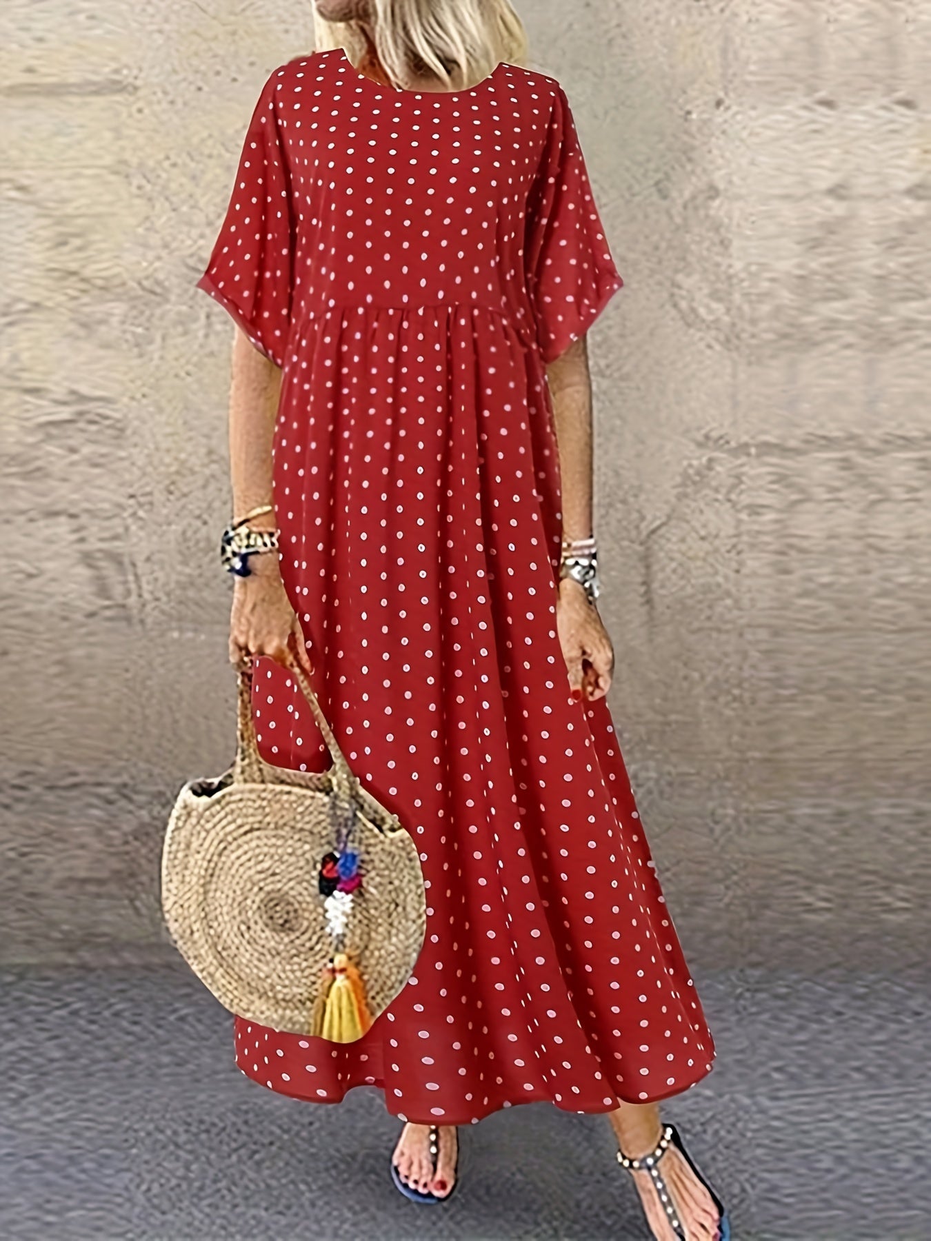 Polka Dot Print Short Sleeve Maxi Dress