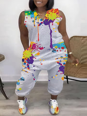 Splatter Print V Neck Tank Jumpsuit With Pockets