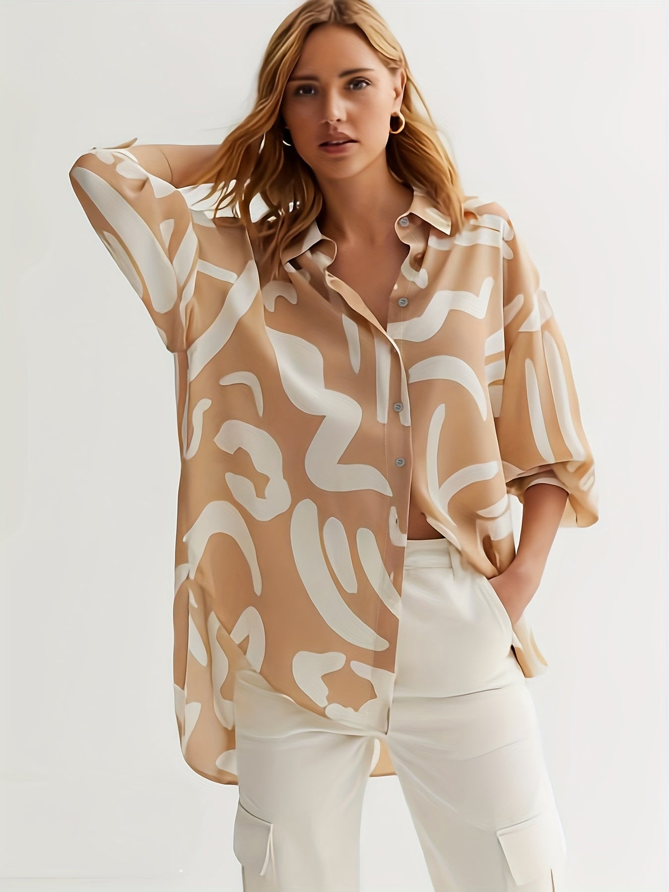  Graffiti Print Button Up Lantern Sleeve Blouse