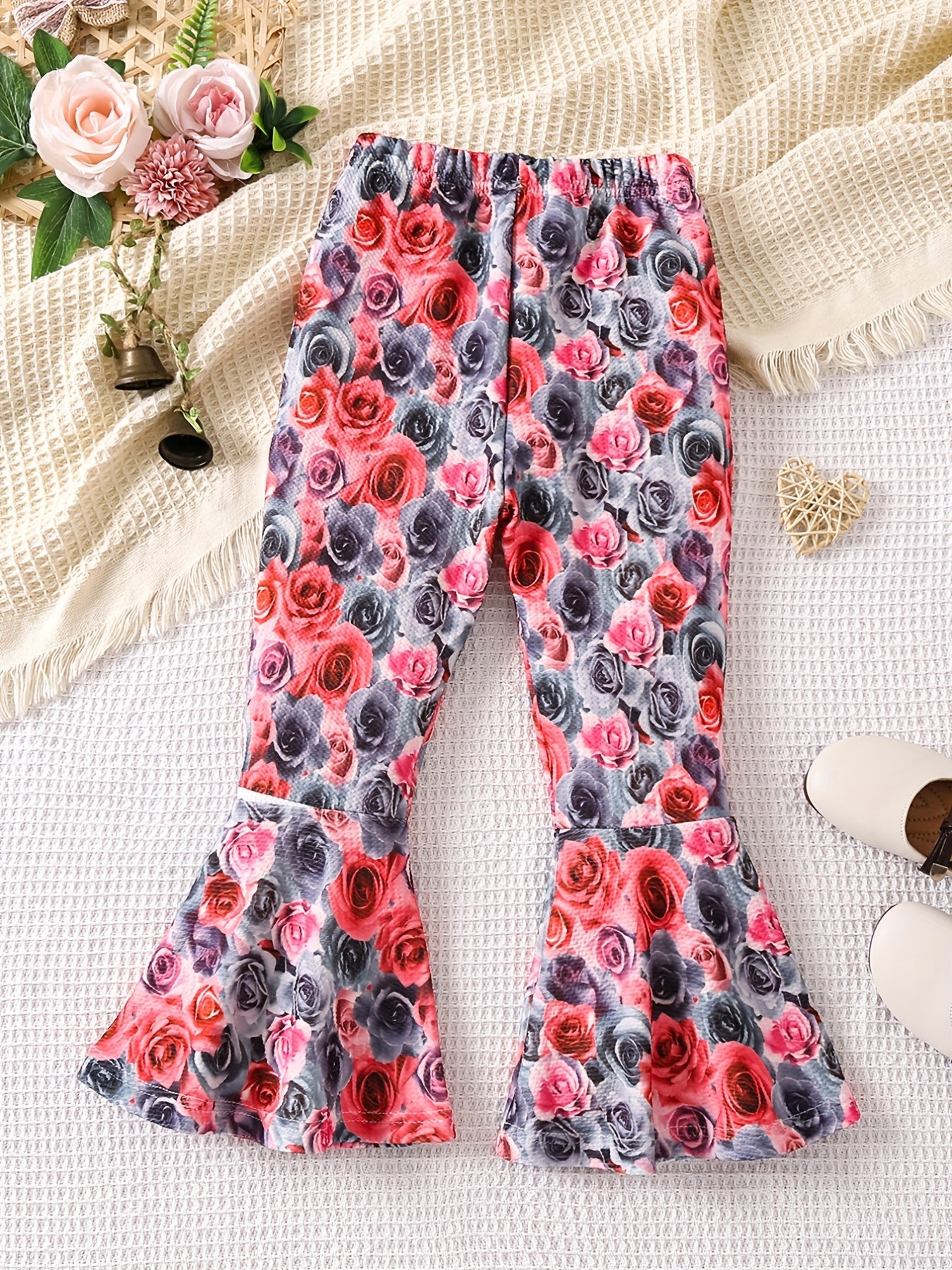Boho Floral Print Bell Bottom Pants Elastic Waist Stretchy Fit Casual Trousers