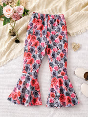 Boho Floral Print Bell Bottom Pants Elastic Waist Stretchy Fit Casual Trousers