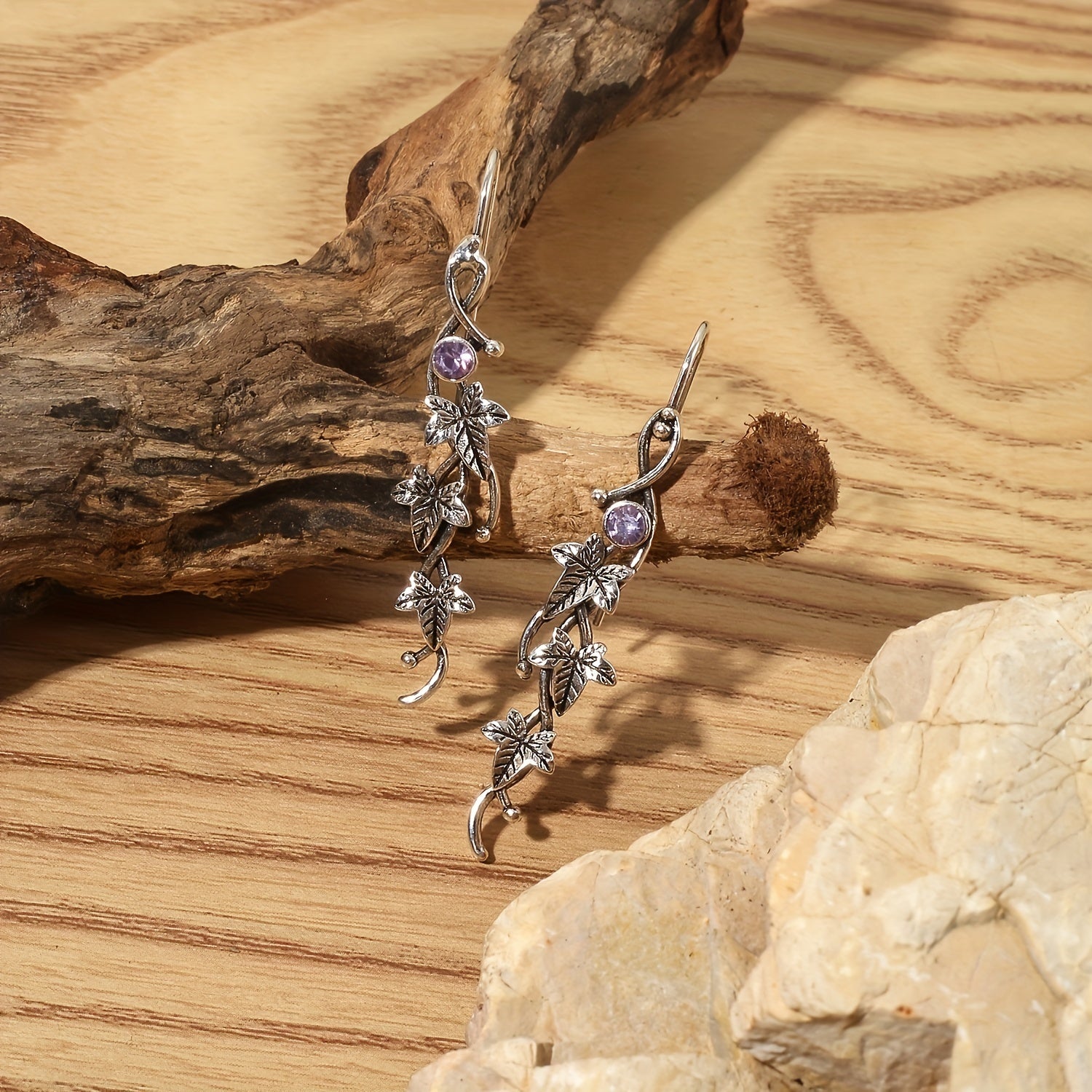 Men's Silver Leaf Dangle Earrings with Colorful Gemstones