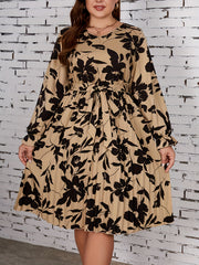 Floral Print Flounce Sleeve V Neck Pleated Dress