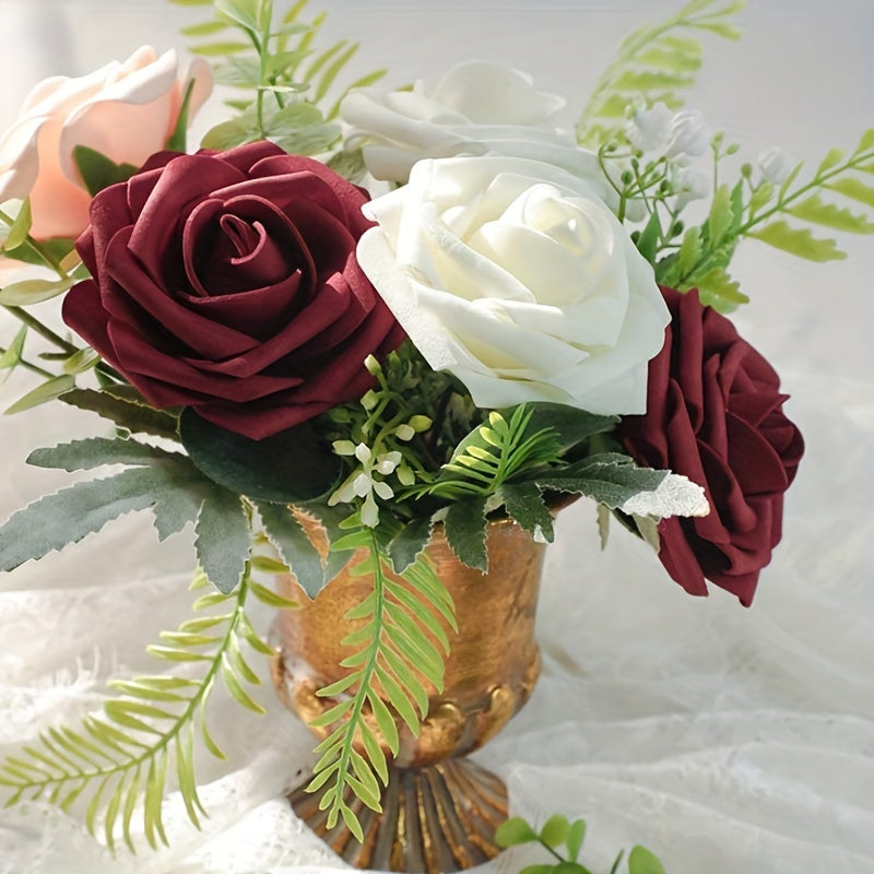 25pcs Real Touch Burgundy Rose Arrangement for Home Wedding Office Cafe Decor