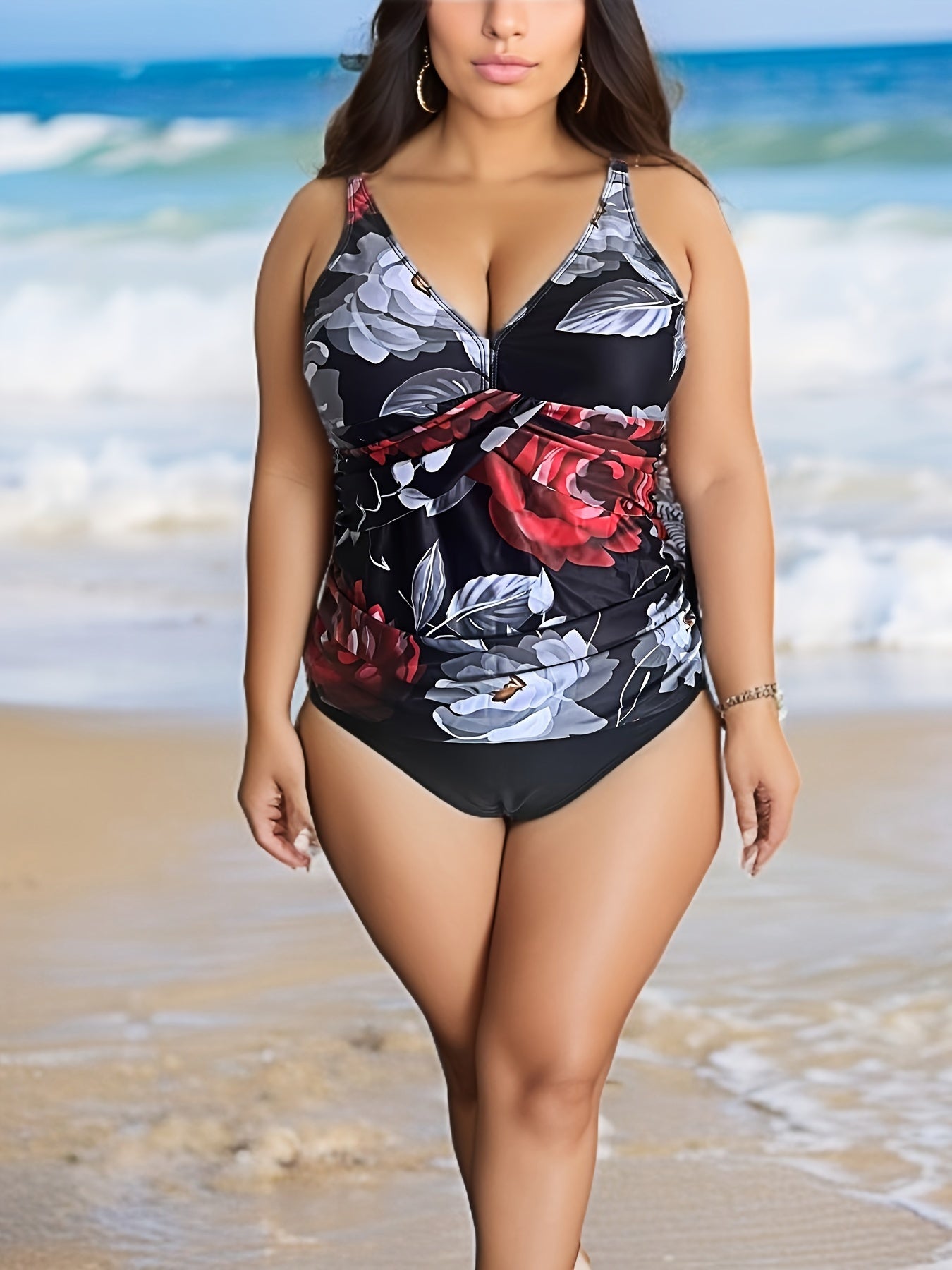  Floral Print V Neck Cami Top & Panty Bathing Suit 2 Piece Set