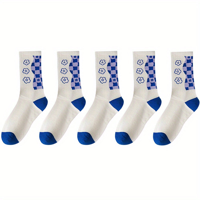 5 Pairs Heart & Floral Print Tube Socks Women's Stockings