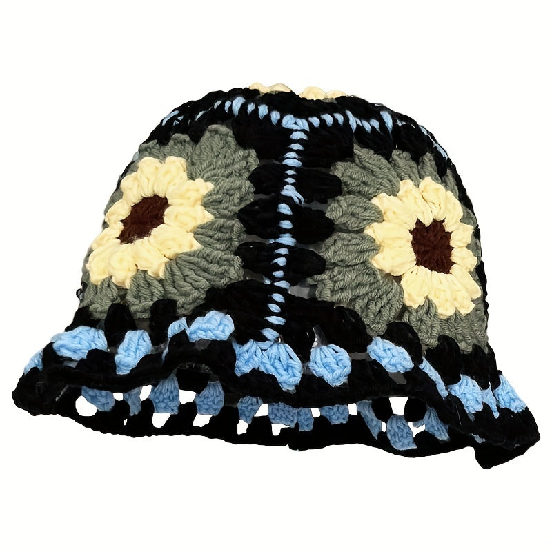 Vintage Flower Crochet Bucket Hat Hollow Out Knit Hat Y2K Beanie Fisherman Cap
