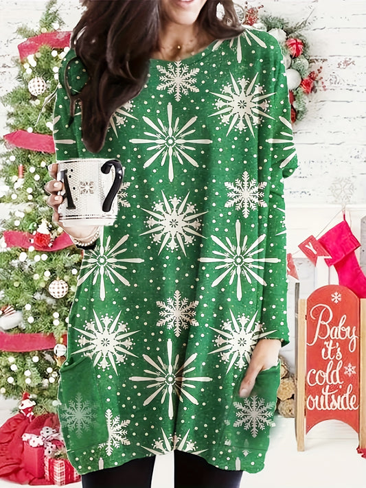  Women's Snowflake Print Long Sleeve Mini Dress With Pockets