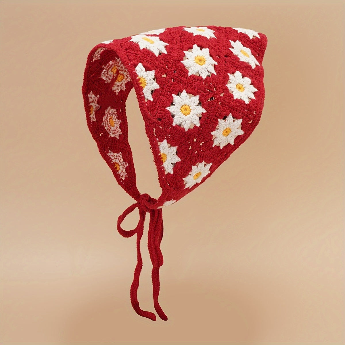 Daisy Flower Knitted Triangle Scarf Head Wrap Hollow Crochet Lace Up Turban Hat