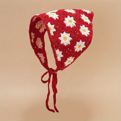 Daisy Flower Knitted Triangle Scarf Head Wrap Hollow Crochet Lace Up Turban Hat