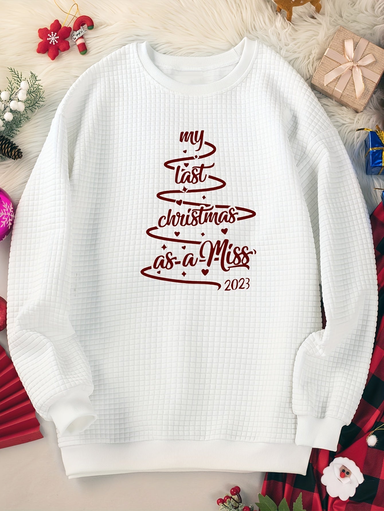  Christmas Lounge Top Women's Crew Neck Long Sleeve Waffle Pullover