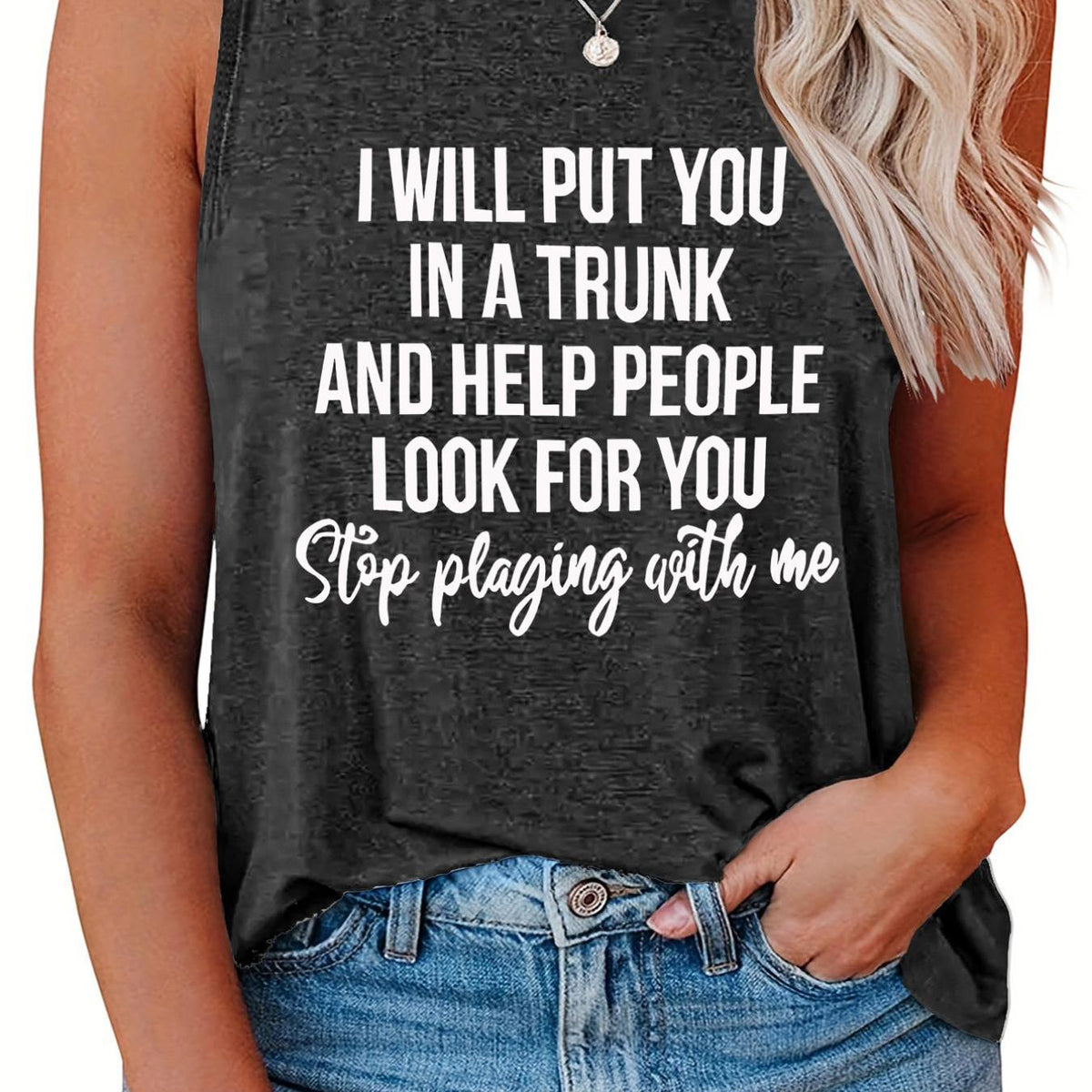  Casual Tank Top Women's Plus Slogan Print Round Neck