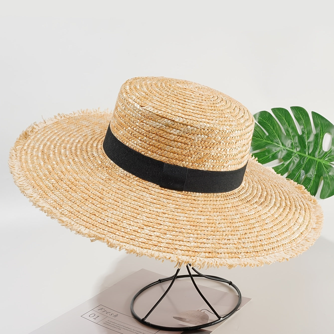 Women's Flat Top Straw Hat Fur Edge Beach Sunshade