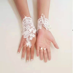 Floral Lace Fingerless Bridal Gloves with Flowers and Bow Accents