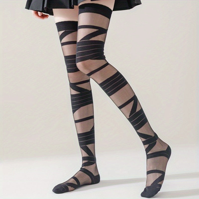 Striped Thigh High Stockings Smooth Mesh Over The Knee Socks Women's Stockings