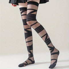 Striped Thigh High Stockings Smooth Mesh Over The Knee Socks Women's Stockings