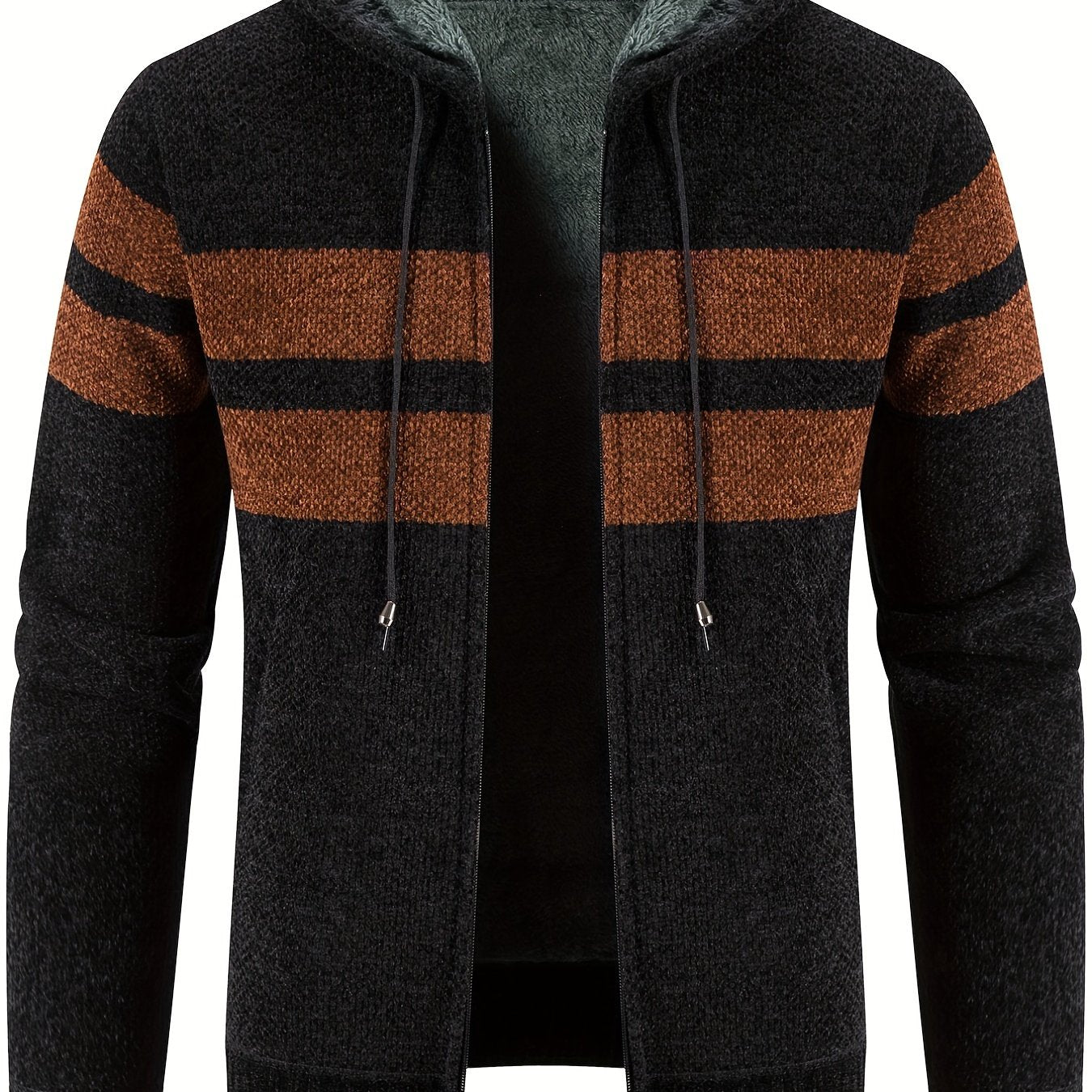 Men's Striped Pattern Hooded Cardigan with Teddy Lining
