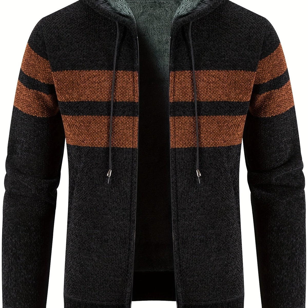 Men's Striped Pattern Hooded Cardigan with Teddy Lining