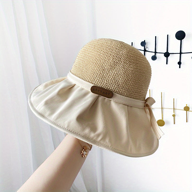 Bowknot Stitching Bucket Hat Foldable Wide Brim Crochet Sun Hat
