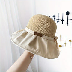 Bowknot Stitching Bucket Hat Foldable Wide Brim Crochet Sun Hat