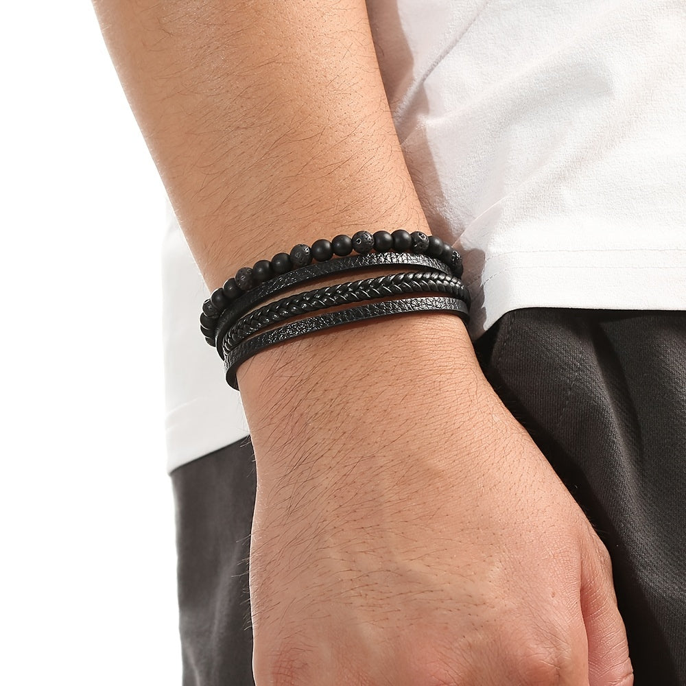 Layered Braided Leather Bracelet Tiger Eyestone Beaded Punk Accessory