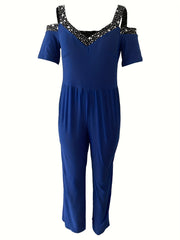  Colorblock Star Print Cold Shoulder Jumpsuit