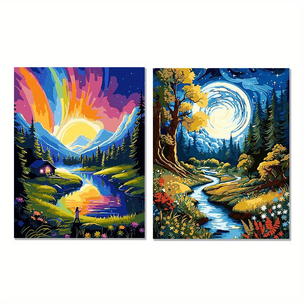 2pcs River Landscape Canvas Art Prints - Sunset & Moonlit Night