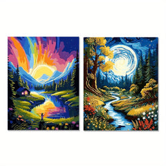 2pcs River Landscape Canvas Art Prints - Sunset & Moonlit Night
