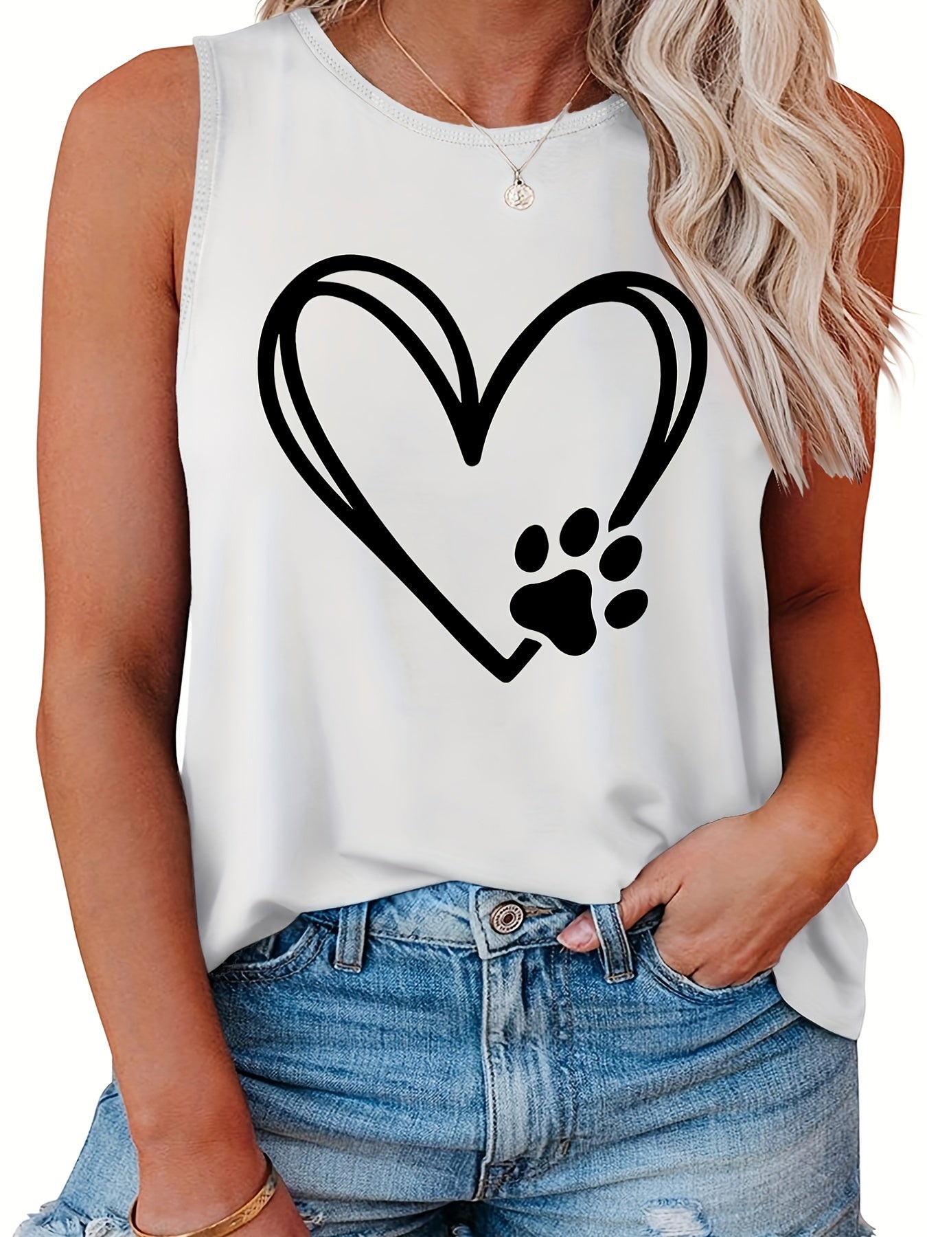  Heart & Paw Print Round Neck Tank Top