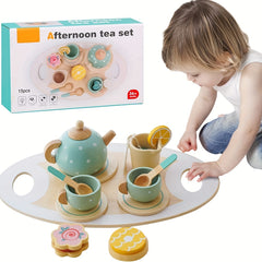 14Pcs Wooden Tea Party Set for Kids Pretend Play Kitchen Accessories