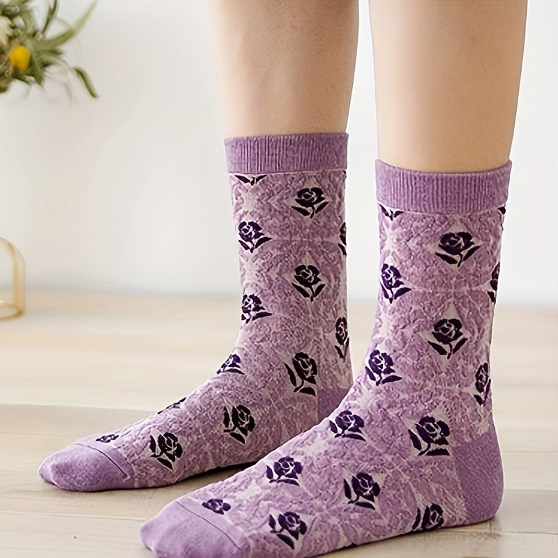 Retro Style Floral Print Socks for Women - Pack of 10
