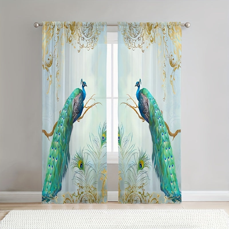 2pcs Peacock Pattern Curtains Rod Pocket for Stunning Background Decor