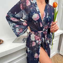 Floral Print Mesh Night Robe Long Sleeve V Neck Robe With Belt