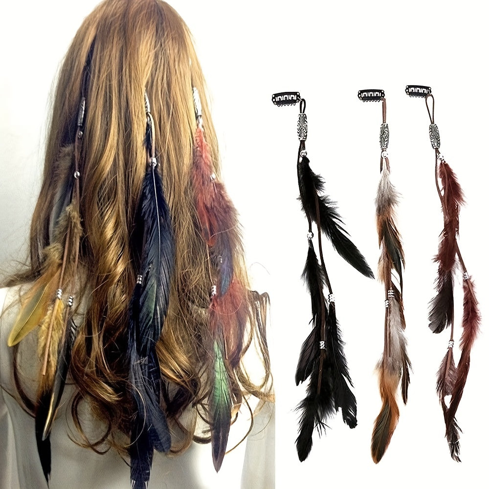 Boho Style Faux Feather Snap Clip Tassel Hair Clip Beaded Headdress