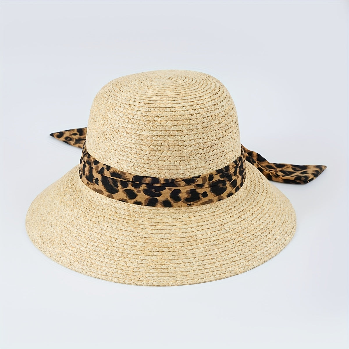 Leopard Ribbon Bowknot Sun Hat Wide Brim UV Protection Straw Hat