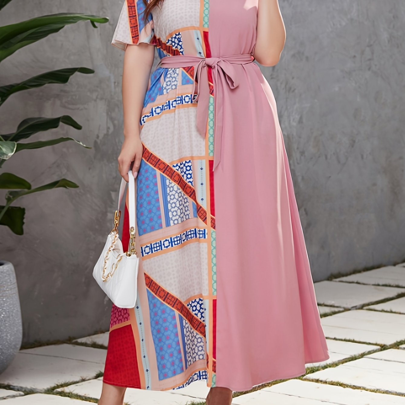  Colorblock Patchwork Print Butterfly Sleeve Round Neck Maxi Dress