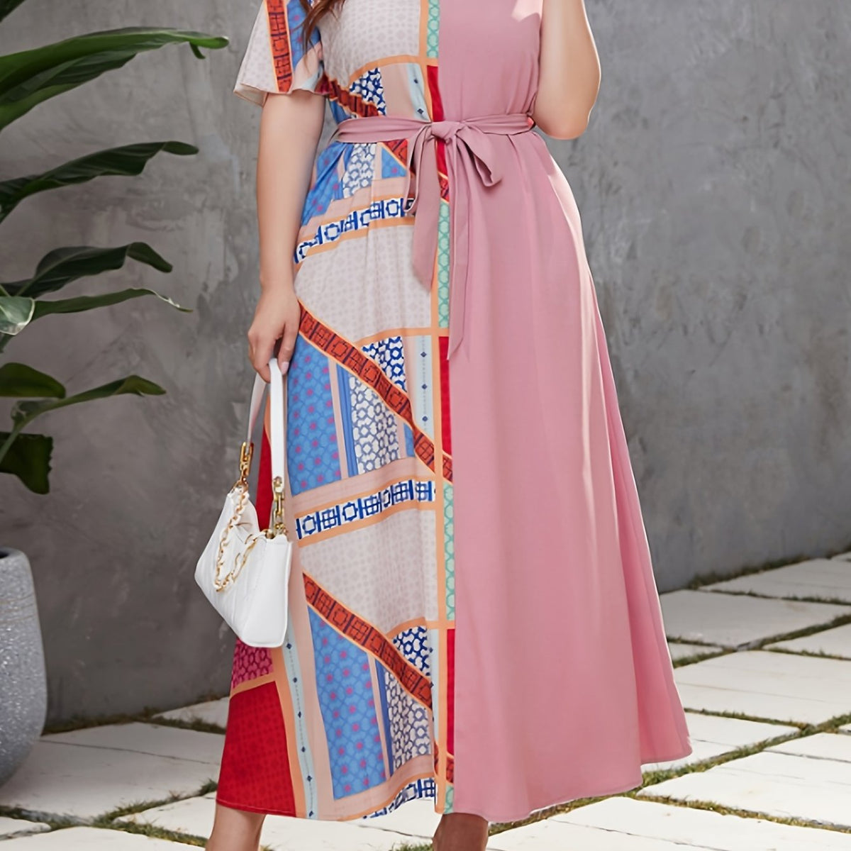  Colorblock Patchwork Print Butterfly Sleeve Round Neck Maxi Dress