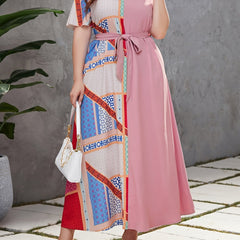  Colorblock Patchwork Print Butterfly Sleeve Round Neck Maxi Dress