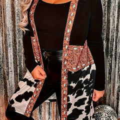  Colorblock Paisley & Cow Print Long Sleeve Cardigan