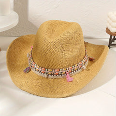 Gradient Jazz Cowboy Hat Vintage Western Straw Sun Hat Hollow Out Breathable Cla