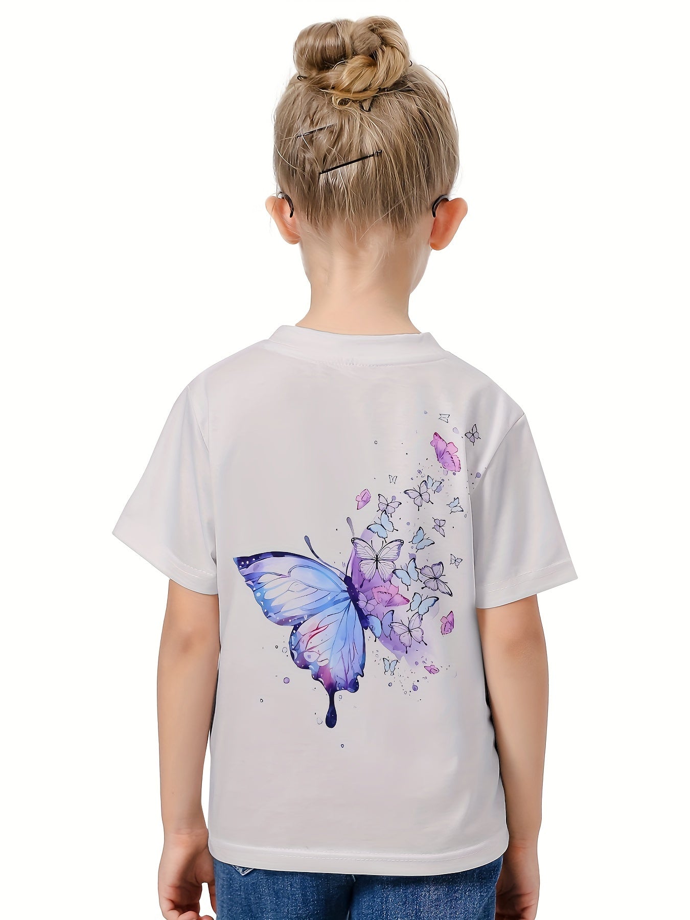 3D Butterfly Graphic Crew Neck Short Sleeve T shirt Girls Casual Pullover Tops