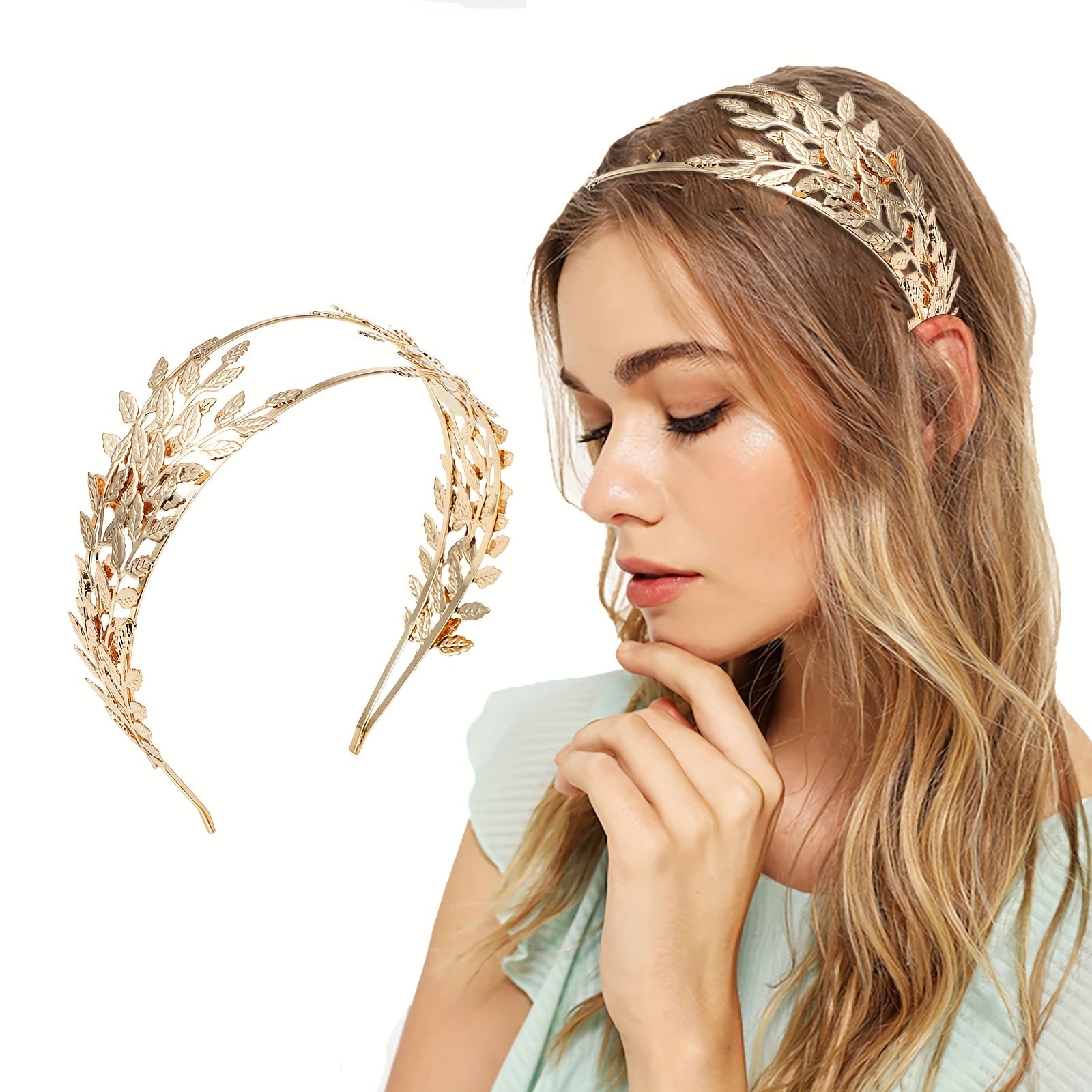 Golden Alloy Leaves Tiara Headband Hair Hoop for Daily Weeding Party Use