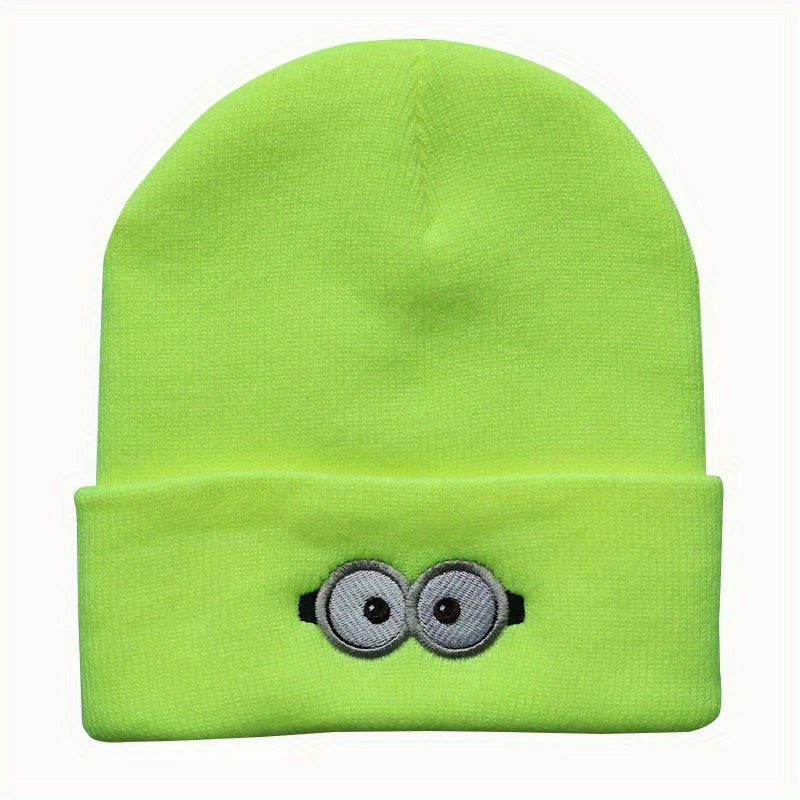 Anime Eyes Glasses Embroidery Wool Beanie Hat, Windproof Knit Cap