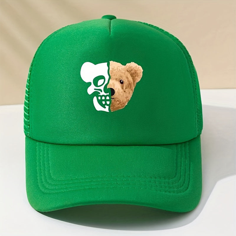 Skull Bear Print Trucker Hat Hip Hop Mesh Baseball Cap