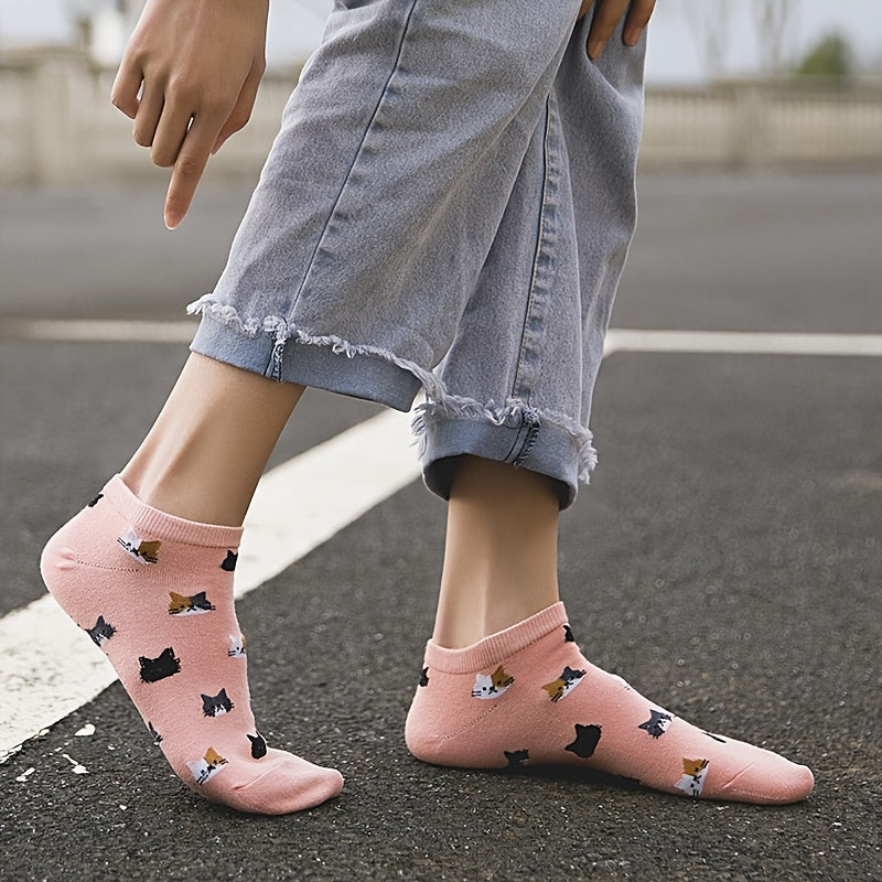 10 Pairs Cartoon Cat Print Socks Low Cut Ankle Socks Women's Stockings
