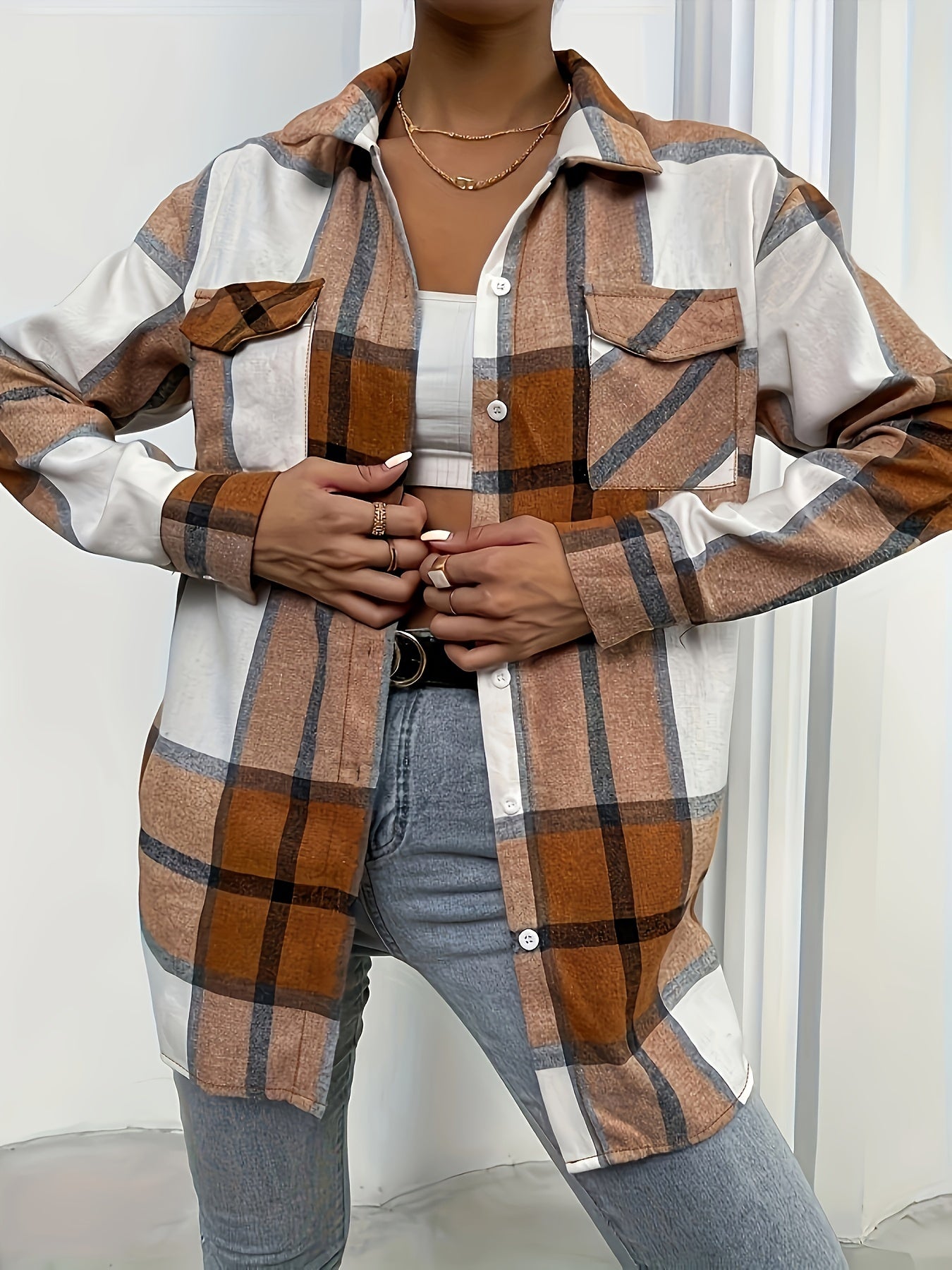  Plaid Button Up Long Sleeve Blouse