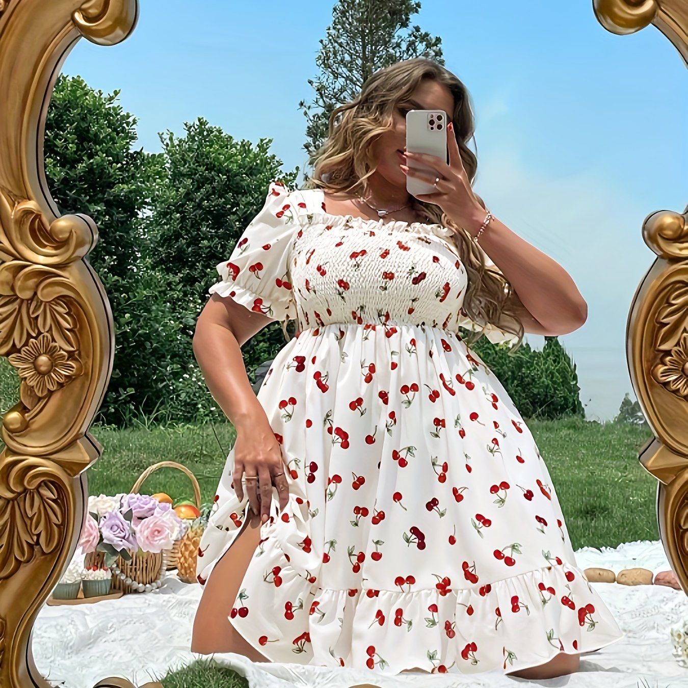 Plus Size Women's Cherry Print Ruffle Trim Puff Sleeve A-Line Dress