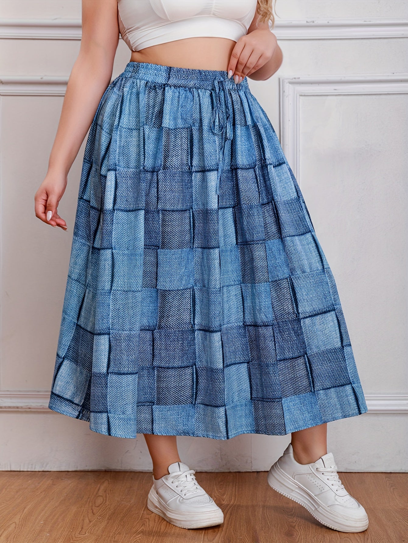  Colorblock Denim Print Maxi Skirt