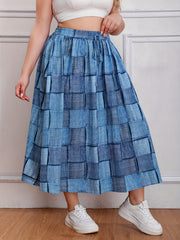  Colorblock Denim Print Maxi Skirt