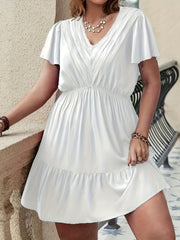 Solid V Neck Mini Smock Dress